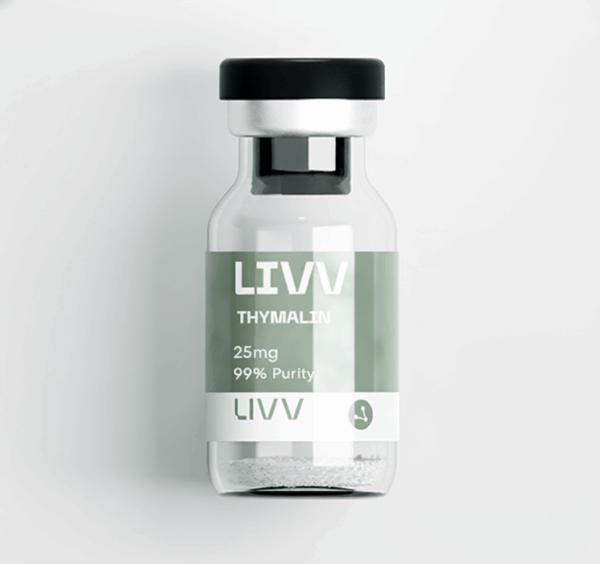 LIVV Thymalin 25mg vial displayed on a light background.
