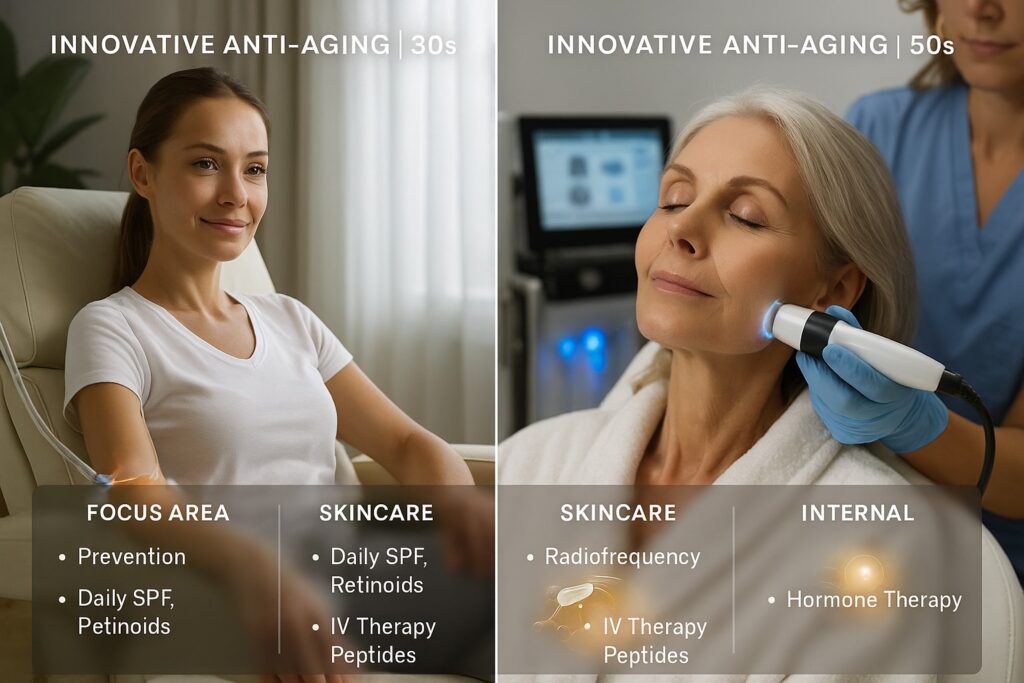 Comparison of innovative anti-aging strategies for women in their 30s versus 50s, showing skincare prevention, IV therapy, radiofrequency, and hormone therapy.