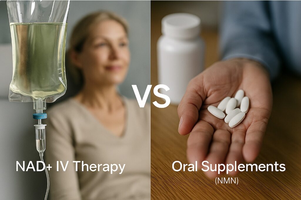 Comparison of NAD+ IV therapy infusion versus NMN oral supplements for anti-aging results, showing IV drip against pills in hand.