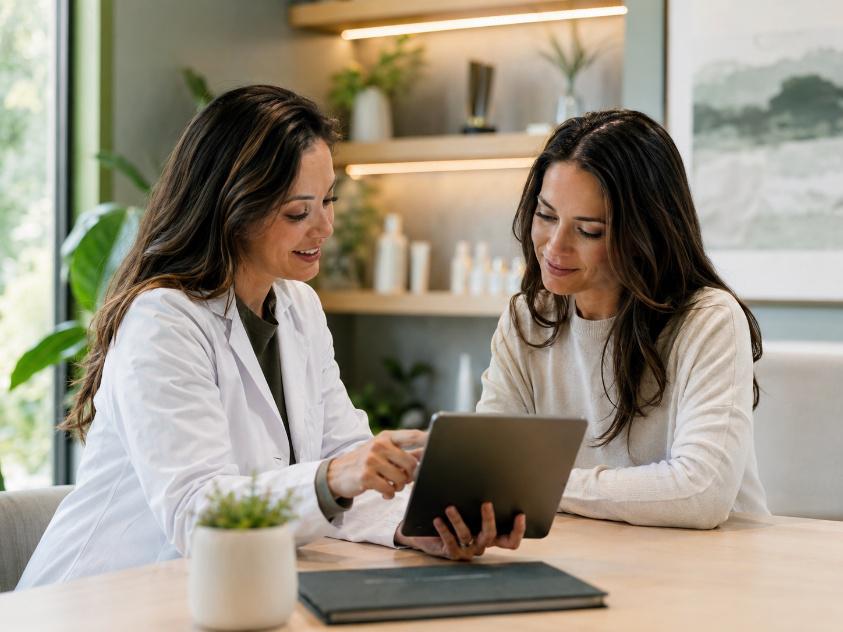A clinician and patient reviewing information together during a wellness consultation at a modern clinic